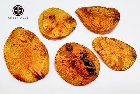 Cognac Amber Carved Aries & Goat Cabochons