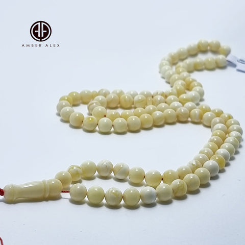 White With Yellow Amber Round Shape 7.5 mm Islamic Rosary Beads