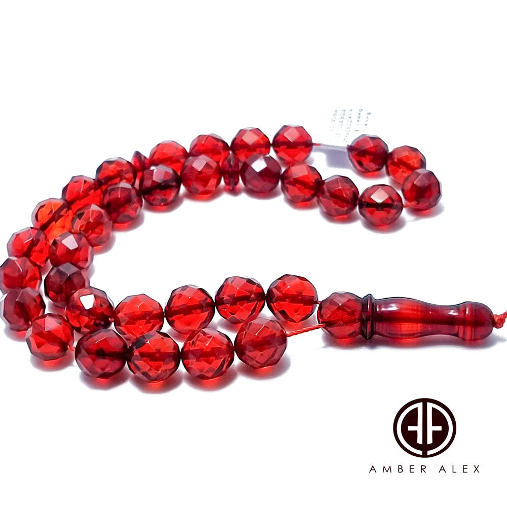 Red Amber Faceted Round Shape Beads 9 mm Islamic Prayer Beads