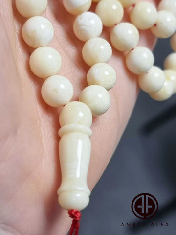 White With Yellow Amber Round Shape 7.5 mm Islamic Rosary Beads