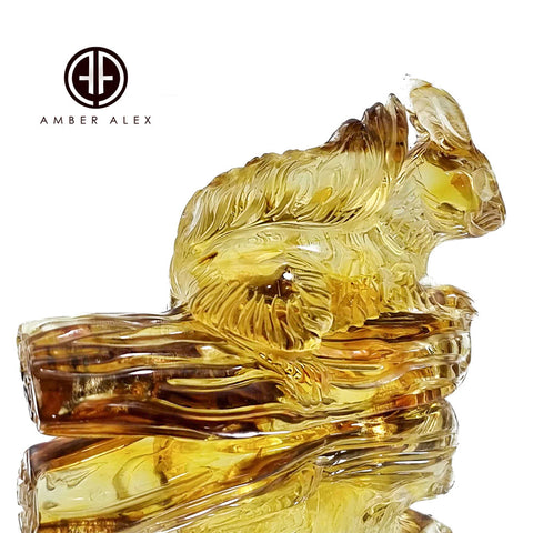 Fossil Amber Carved Squirrel Figurine