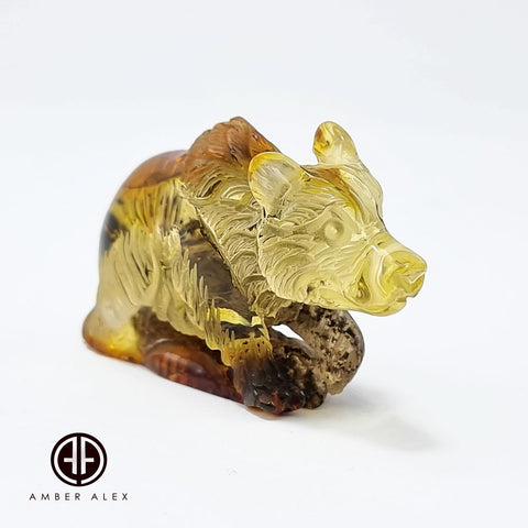 Fossil Amber Carved Bear Figurine