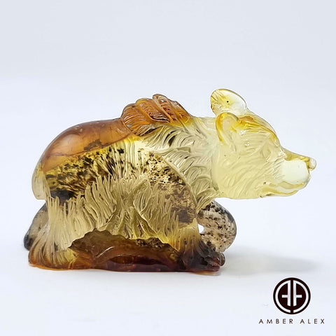 Fossil Amber Carved Bear Figurine