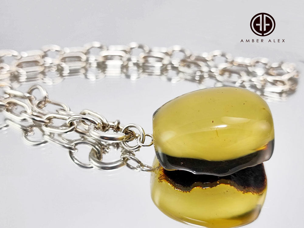 Earth Stone Amber Square Pendant & Chain Necklace Sterling Silver