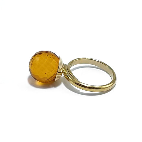 Cognac Amber Faceted Round Bead Adjustable Ring 14K Gold Plated