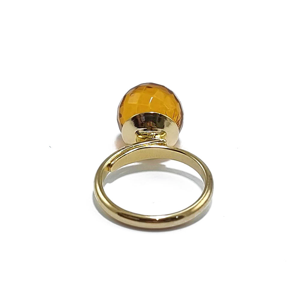 Cognac Amber Faceted Round Bead Adjustable Ring 14K Gold Plated