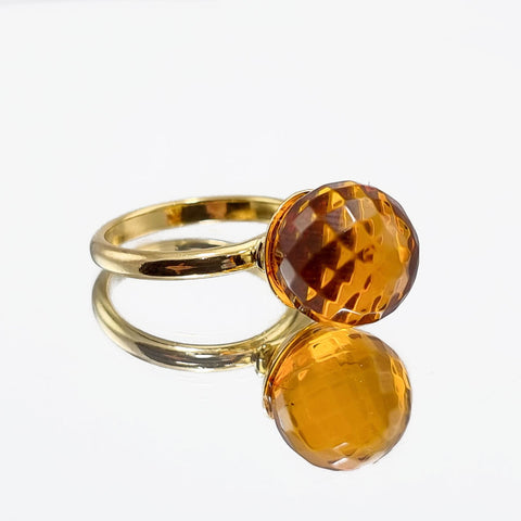 Cognac Amber Faceted Round Bead Adjustable Ring 14K Gold Plated