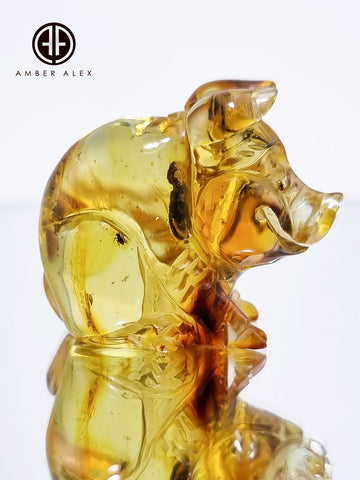 Natural Amber Carved Pig Figurine With Insects