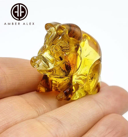 Natural Amber Carved Pig Figurine With Insects