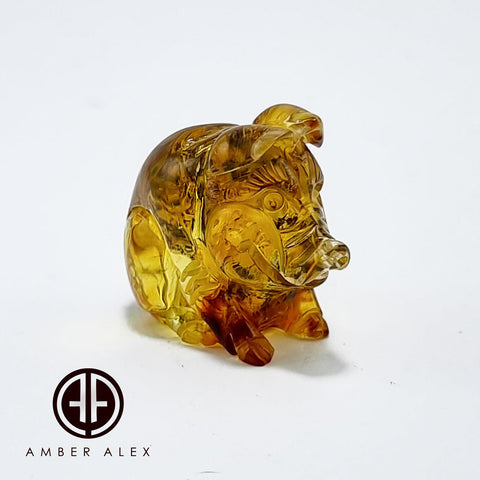 Natural Amber Carved Pig Figurine With Insects