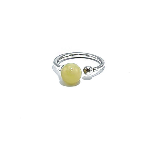 Milky Amber Round Bead Adjustable Ring Sterling Silver