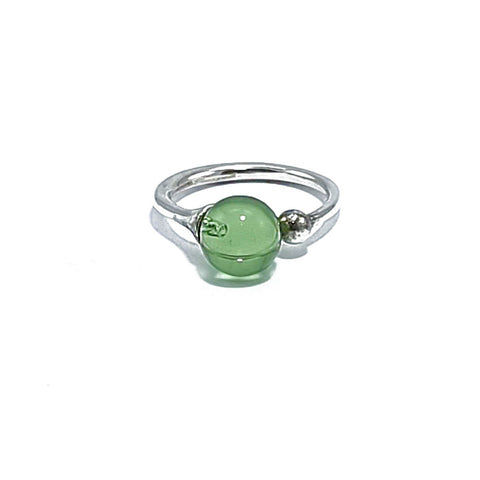 Green Amber Round Bead Adjustable Ring Sterling Silver