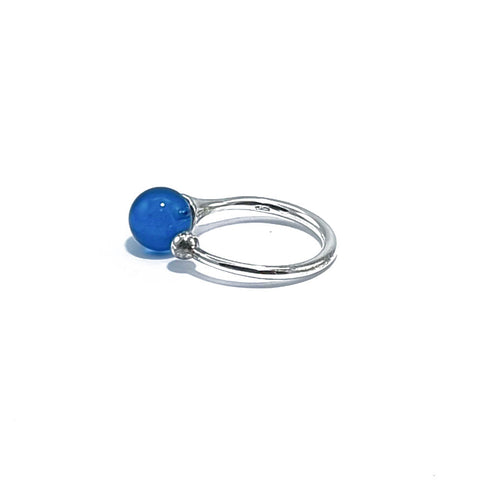 Blue Amber Round Bead Adjustable Ring Sterling Silver