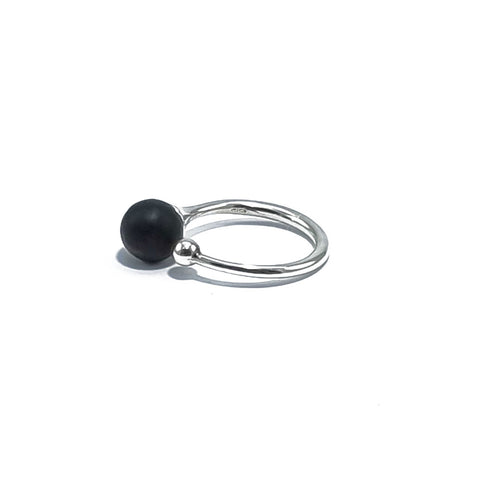 Black Amber Round Bead Adjustable Ring Sterling Silver