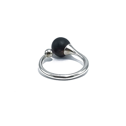 Black Amber Round Bead Adjustable Ring Sterling Silver