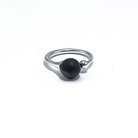 Black Amber Round Bead Adjustable Ring Sterling Silver