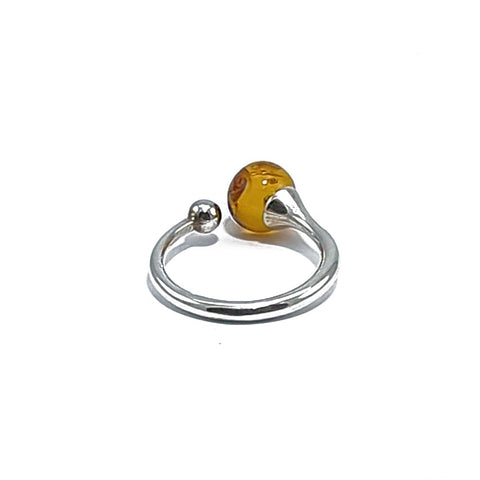 Cognac Amber Round Bead Adjustable Ring Sterling Silver