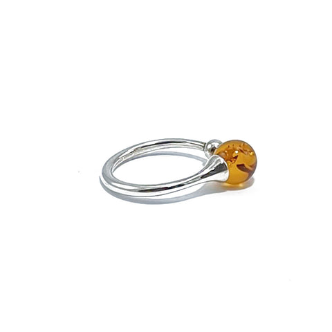 Cognac Amber Round Bead Adjustable Ring Sterling Silver