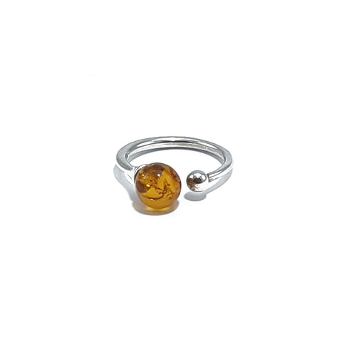 Cognac Amber Round Bead Adjustable Ring Sterling Silver