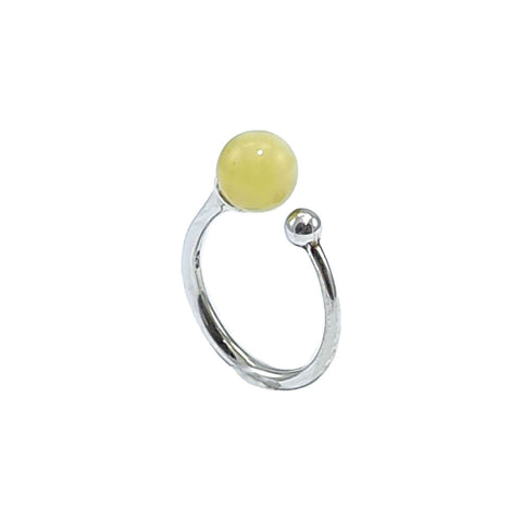 Milky Amber Round Bead Adjustable Ring Sterling Silver