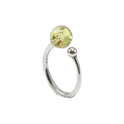 Lemon Amber Round Bead Adjustable Ring Sterling Silver