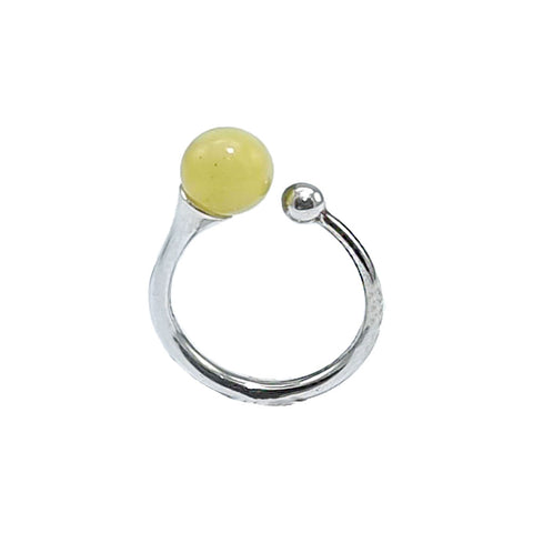 Milky Amber Round Bead Adjustable Ring Sterling Silver