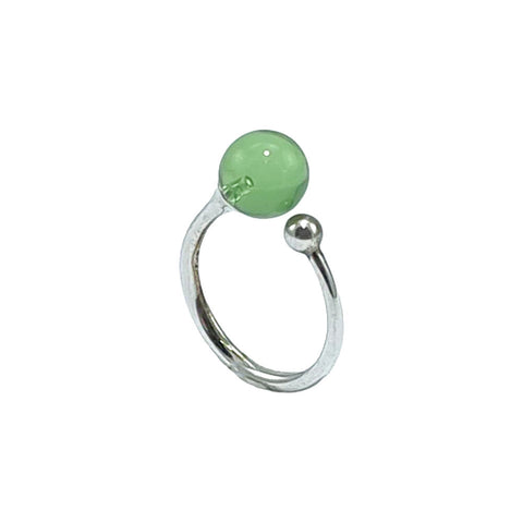 Green Amber Round Bead Adjustable Ring Sterling Silver