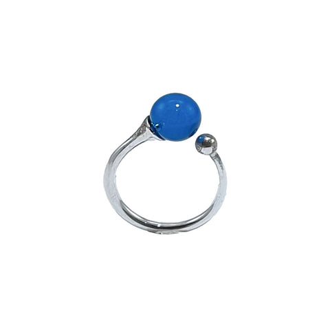 Blue Amber Round Bead Adjustable Ring Sterling Silver