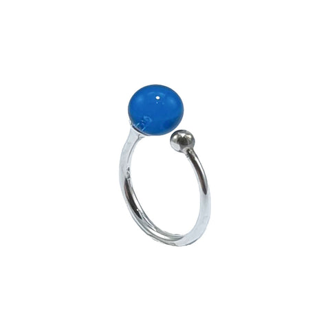 Blue Amber Round Bead Adjustable Ring Sterling Silver