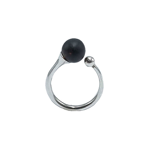 Black Amber Round Bead Adjustable Ring Sterling Silver