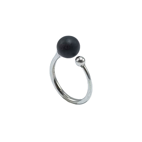 Black Amber Round Bead Adjustable Ring Sterling Silver