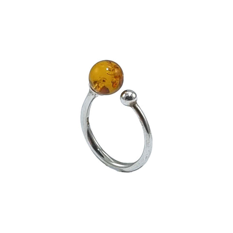 Cognac Amber Round Bead Adjustable Ring Sterling Silver