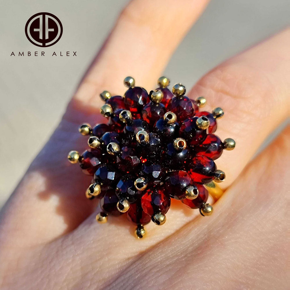 Cherry Amber Faceted Round Bead Ring 14K Gold Plated