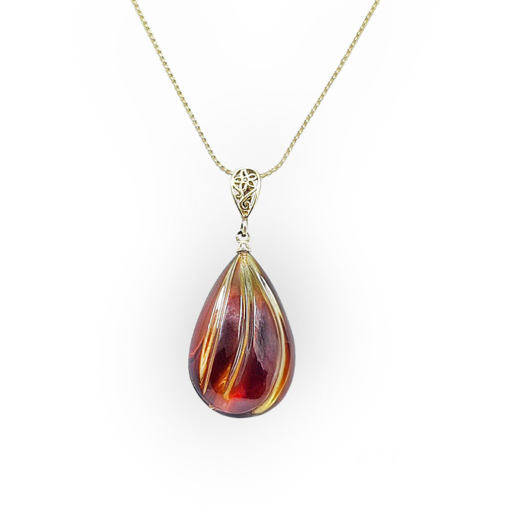 Carved Gradient Amber Drop Pendant & Chain Necklace 14K Gold Plated