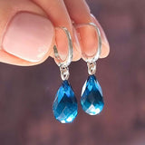 Blue Amber Faceted Teardrop Dangle Earrings Sterling Silver