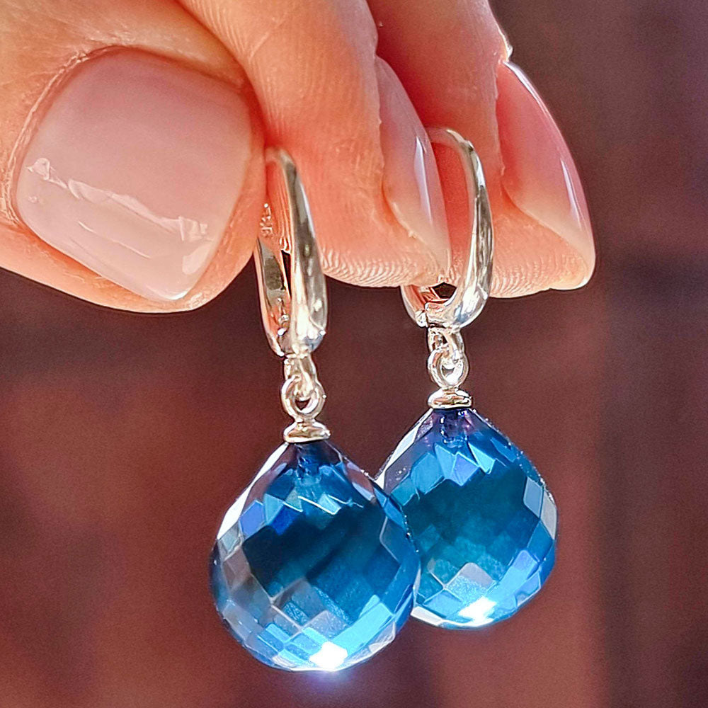 Blue Amber Faceted Drop Dangle Earrings Sterling Silver