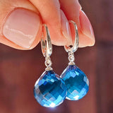 Blue Amber Faceted Drop Dangle Earrings Sterling Silver