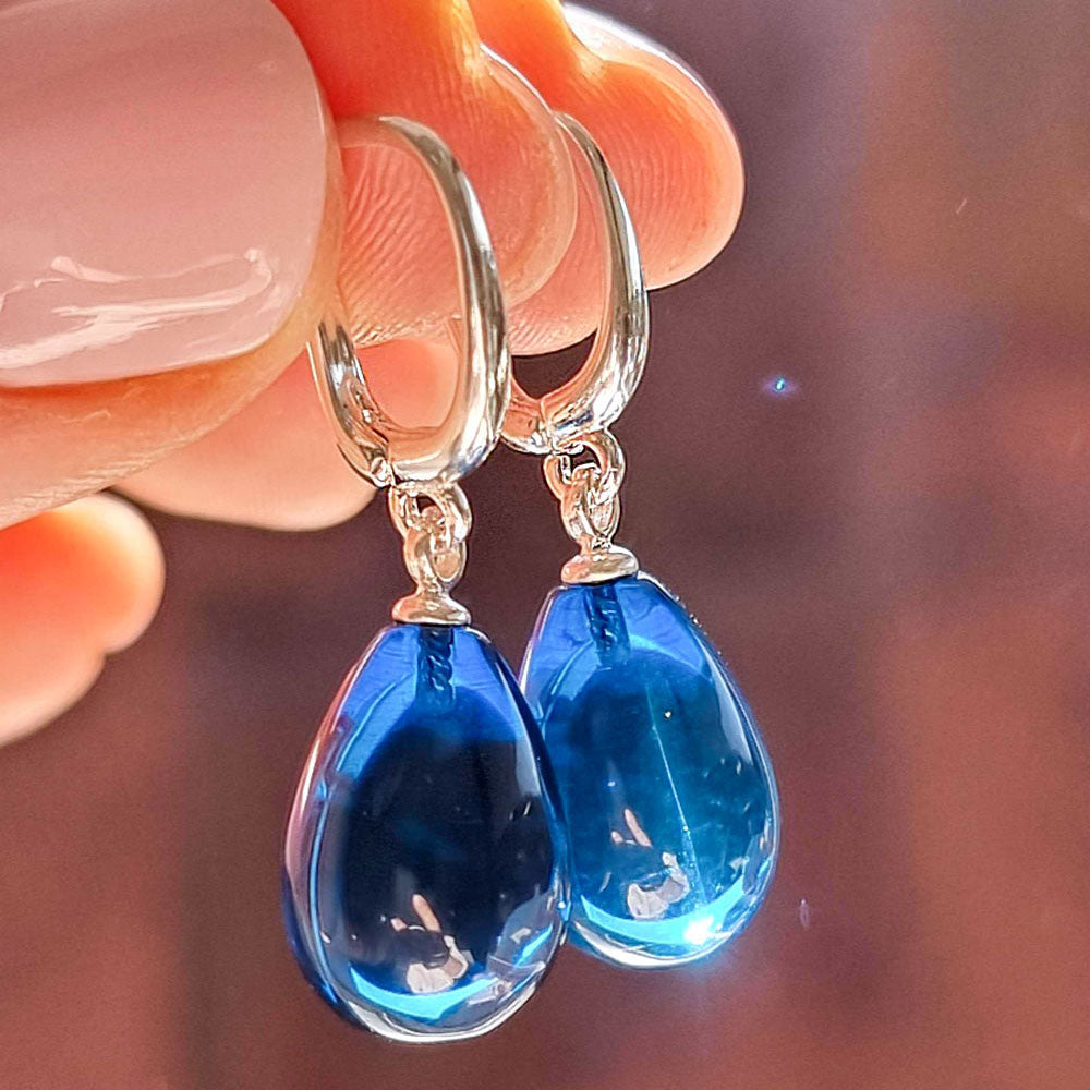 Blue Amber Drop Dangle Earrings Sterling Silver