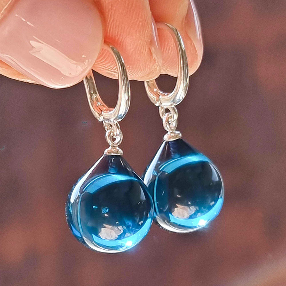 Blue Amber Drop Dangle Earrings Sterling Silver