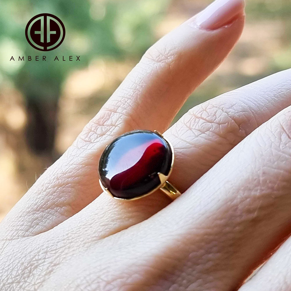 Cherry Amber Round Adjustable Ring 14K Gold Plated