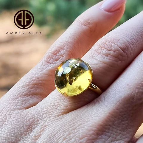 Lemon Amber Round Adjustable Ring 14K Gold Plated