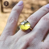 Lemon Amber Round Adjustable Ring 14K Gold Plated