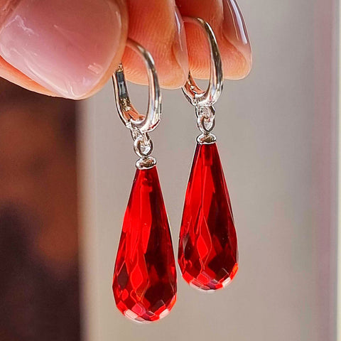 Red Amber Faceted Teardrop Dangle Earrings Sterling Silver