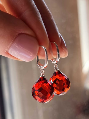 Red Amber Faceted Drop Dangle Earrings Sterling Silver