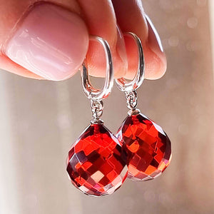 Red Amber Faceted Drop Dangle Earrings Sterling Silver