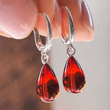 Red Amber Drop Dangle Earrings Sterling Silver