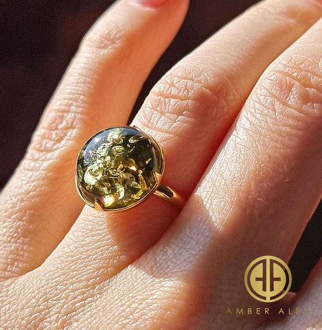 Earth Stone Amber Round Adjustable Ring 14K Gold Plated