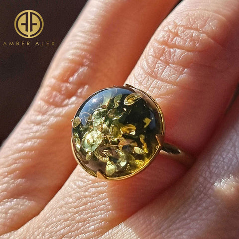 Earth Stone Amber Round Adjustable Ring 14K Gold Plated