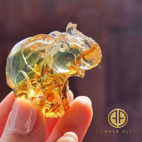 Fossil Amber Carved Elephant Figurine