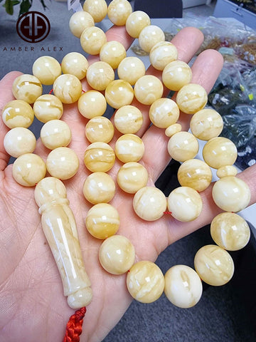 White With Yellow Amber Round Shape 14mm Islamic Rosary Beads